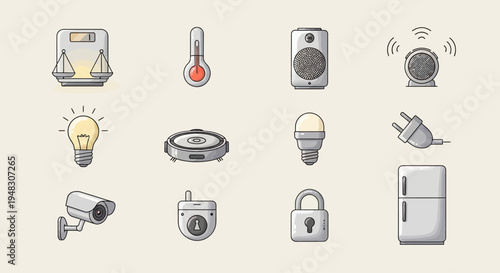 Icons of smart home devices scale, thermometer, speakers, lightbulb, vacuum, plug, camera, lock, fridge