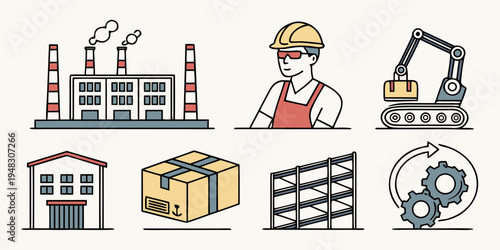 industrial icons including factory worker and equipment Vector
