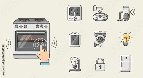 Interactive smart home devices shown with various icons representing technology