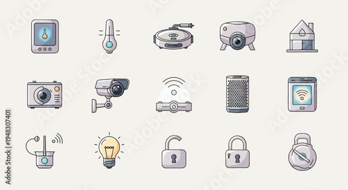 Collection of illustrated smart home devices and security icons (1)