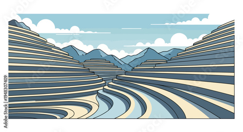 Stylized, geometric landscape of tiered, blue-and-tan terraces and mountains under a cloudy sky