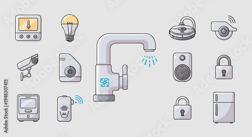 Collection of smart home devices including a faucet, camera, lock, and refrigerator