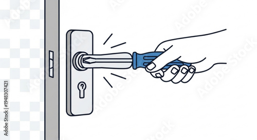 Hand using blue screwdriver to install door handle hardware with keyhole