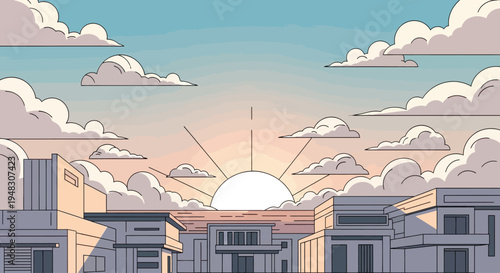 Stylized sunrise over a modern cityscape with fluffy clouds