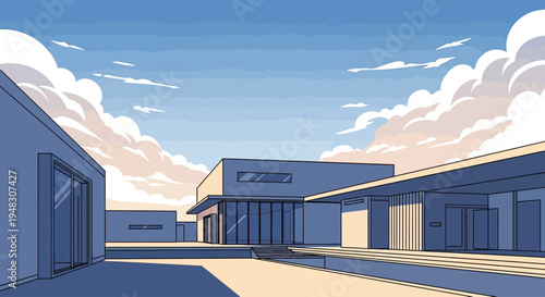 A modern, minimalist residence with clean lines and large glass windows, set against a sky