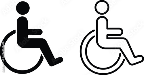 solid and outline wheelchair accessibility icons, minimalist mobility symbols set with stylized disability access signs, healthcare support graphics, inclusive design elements, vector illustration col