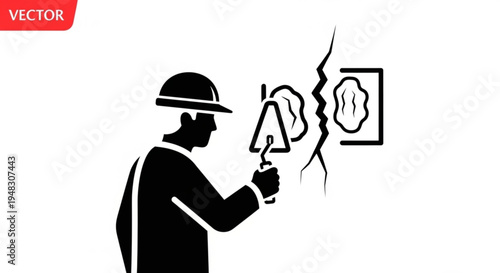 Construction worker repairing wall with hammer and patch