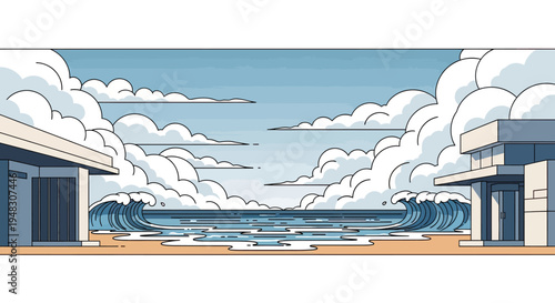 Modern buildings frame a dramatic seascape with crashing waves and fluffy clouds