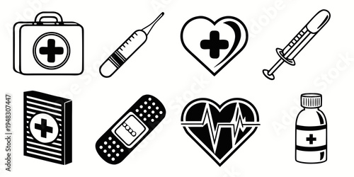 medical icons including a first aid kit and a syringe Vector