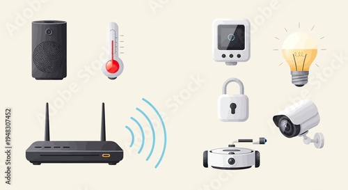 Assortment of smart home devices including a speaker, thermometer, router, lock, bulb, camera, and robot