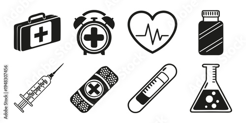 medical icons including first aid kit and syringe Vector