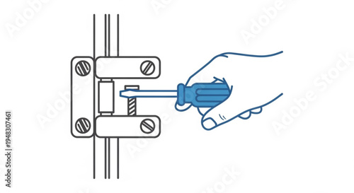Hand using screwdriver to install door latch with screws on white background