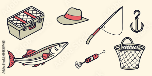 a collection of fishing gear and tackle Vector
