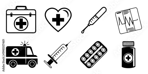 medical icons including ambulance and pills Vector