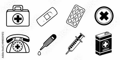 medical objects and a telephone on white background Vector