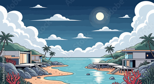 A modern coastal villa with private beach access, palm trees, and calm sea under a full moon