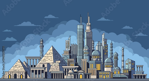 Ancient pyramids and modern skyscrapers blend under a cloudy, twilight sky