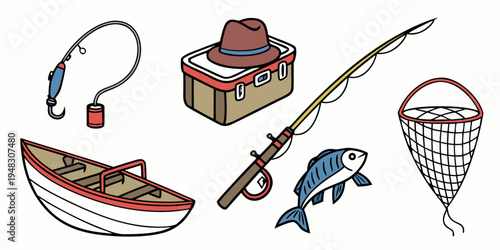 a collection of fishing gear and accessories Vector
