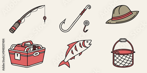 collection of fishing gear and accessories Vector