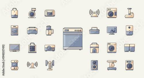 A collection of cartoon-style icons depicting various home appliances and electronic devices