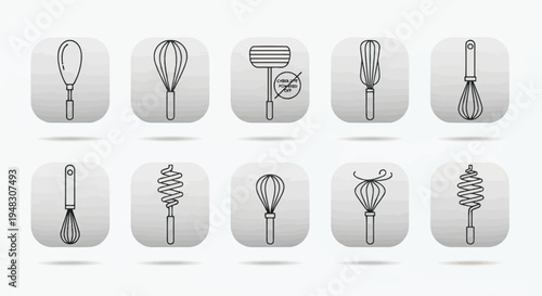 Ten wire whisks and other kitchen tools on white background