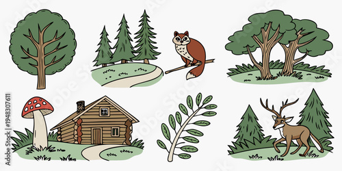 a set of forest elements including trees and animals Vector