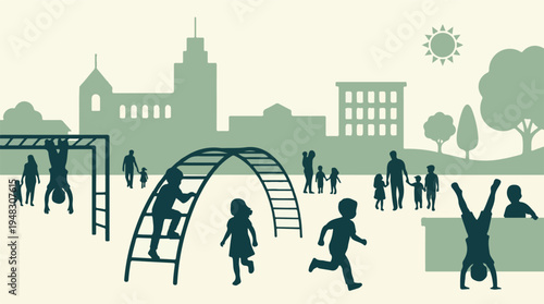 Silhouettes of children and adults playing in a city park playground.