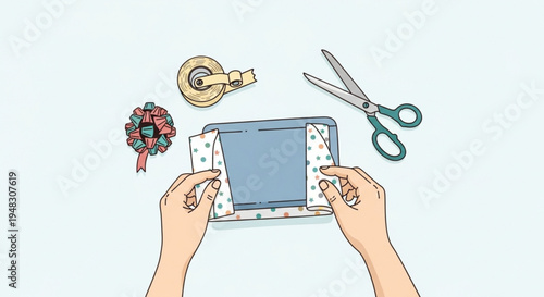 Hands holding scrapbooking materials with scissors and tape on a light background