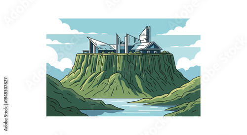 Modern structure crowns verdant cliff above tranquil water