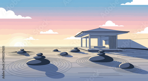 Zen garden with balanced stones and a pavilion at sunset