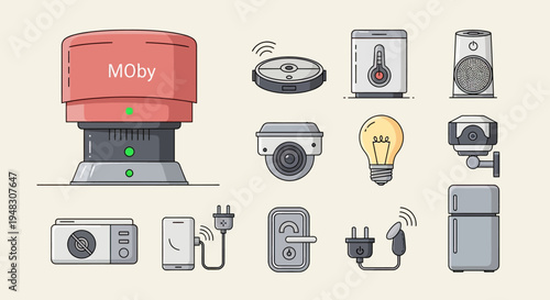 Collection of home automation devices central hub, robot vacuum, thermometer, speaker, light bulb, cameras, appliance, phone, lock