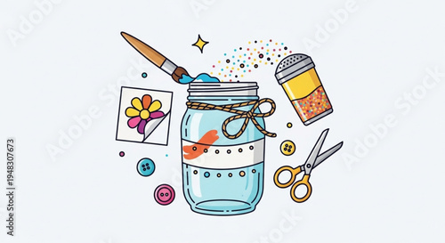 Colorful craft supplies in a jar with paintbrush scissors and art materials on a white background