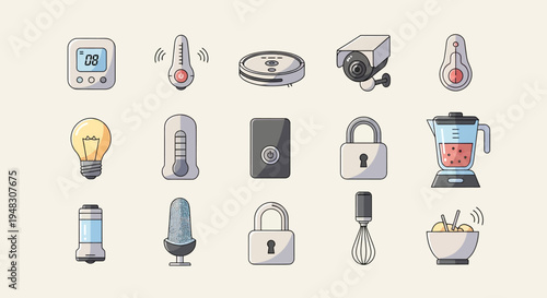 Smart home devices icons thermometer, camera, lightbulb, blender, lock, and more