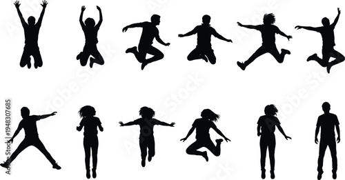 Jumping people silhouette vector illustration showing dynamic poses, energetic motion, human activity, fitness, dance, celebration, joy, lifestyle, artistic design