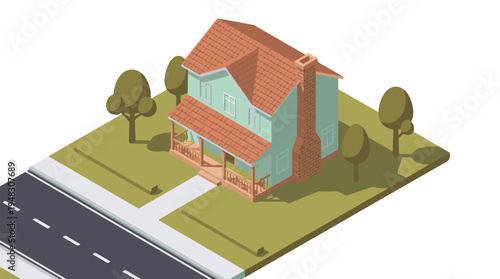 Isometric 3D render of a suburban house with a yard, road, and trees