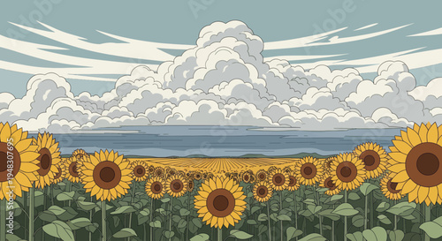 A vast field of sunflowers under a dramatic, cloud-filled sky