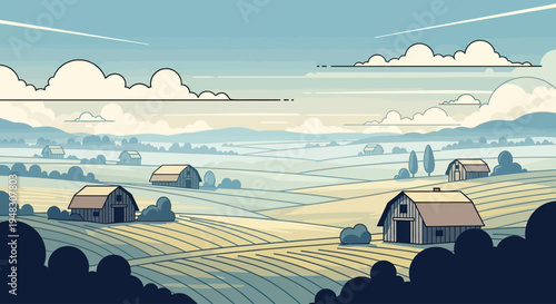 A serene landscape depicting rolling hills and scattered barns under a soft, cloud-filled sky