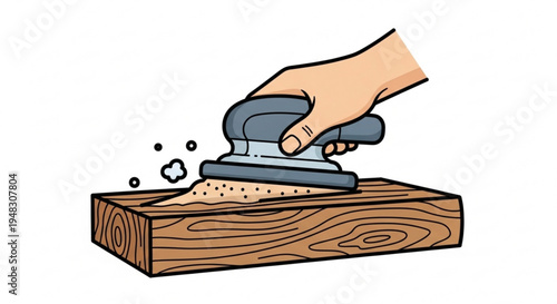 Hand sanding wooden plank with electric sander woodworking tool smooth surface preparation