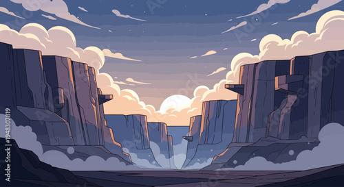 A vast canyon landscape at dusk with glowing clouds and towering rock formations