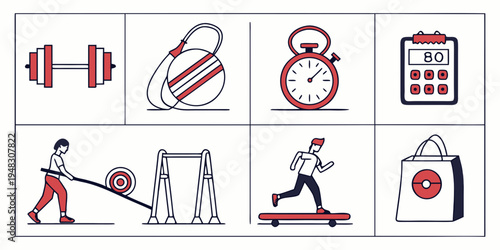 various fitness icons including dumbbell and person running Vector