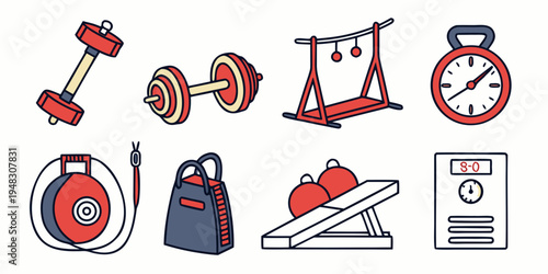 a collection of gym equipment and accessories Vector