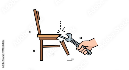 Hand holding wrench breaking wooden chair in half with force and effort on white background