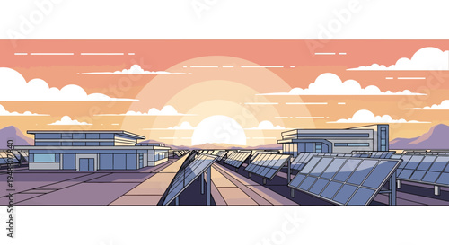 A solar farm with modern buildings and panels under a pastel sunset sky