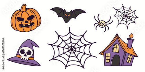 halloween icons including pumpkin, bat, spider, and haunted house Vector