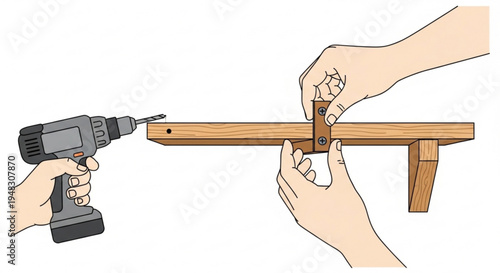 Hands assembling furniture with drill and wood piece on white background