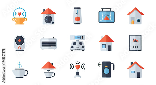 Collection of flat icons depicting smart home devices, appliances, and housing