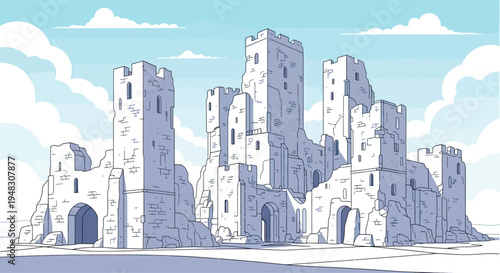 A crumbling stone castle with tall towers stands against a blue, cloudy sky