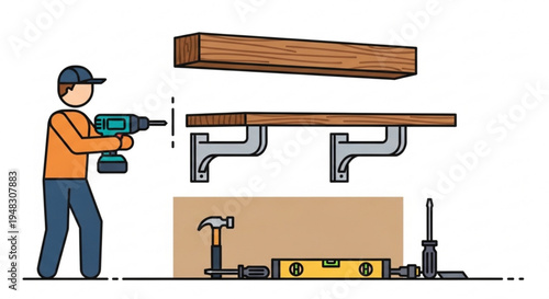 Man installing wooden shelf with drill and tools diy home improvement project with carpentry equipment
