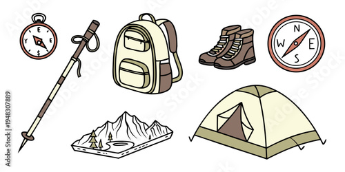hiking gear and equipment for outdoor adventure Vector