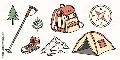 a collection of hiking and camping gear Vector